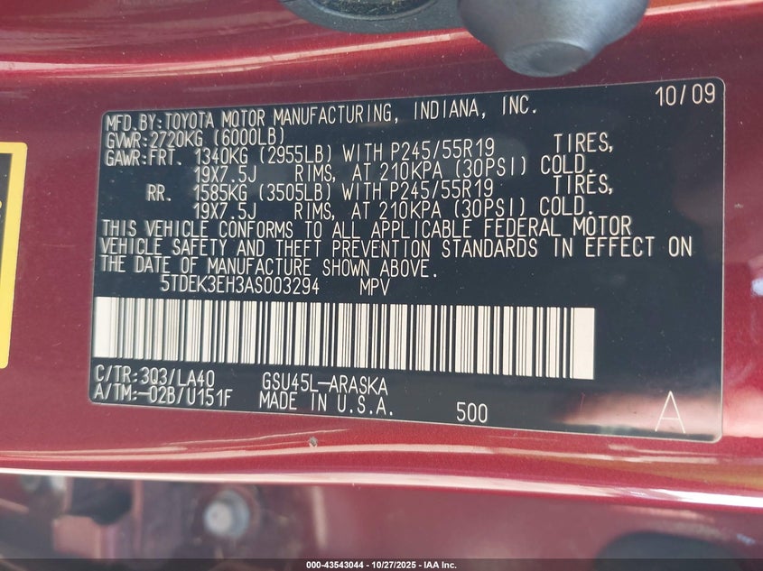 2010 Toyota Highlander VIN 5TDEK3EH3AS003294 IAAI salvage auction — LEFT FRONT, Clear (Virginia), sold $2,250 on 2026-07-21 (photo 9)