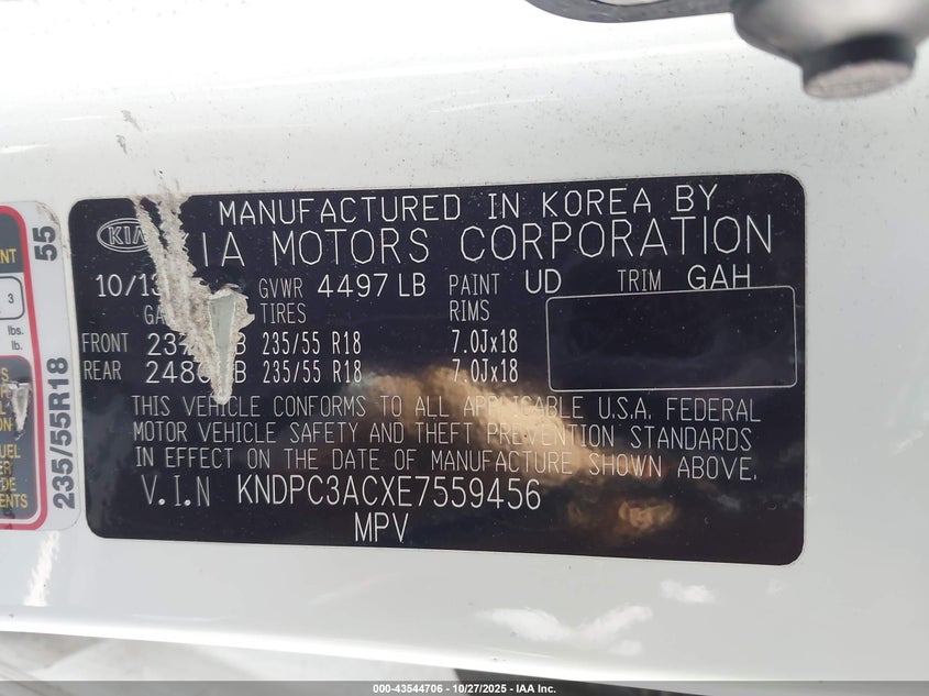 2014 Kia Sportage VIN KNDPC3ACXE7559456 IAAI salvage auction — RIGHT FRONT, Salvage (Illinois), sold $1,100 on 2026-07-07 (photo 9)