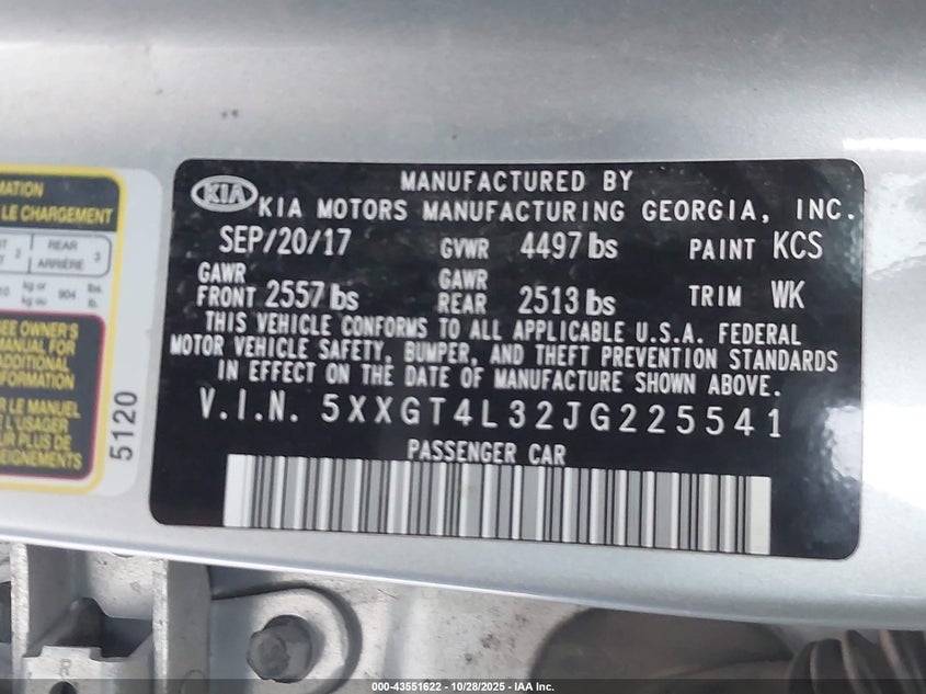 2018 Kia Optima VIN 5XXGT4L32JG225541 IAAI salvage auction — FRONT END, Salvage (Indiana), sold $1,650 on 2026-07-22 (photo 9)