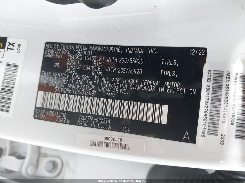 2023 Toyota Highlander VIN 5TDKDRBH1PS015697 IAAI salvage auction — LEFT REAR, Other, sold $13,150 on 2026-07-28 (photo 9)