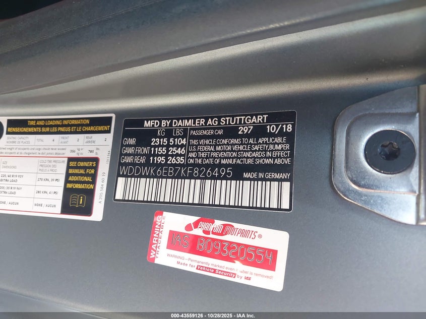 2019 Mercedes-benz C class VIN WDDWK6EB7KF826495 IAAI salvage auction — LEFT SIDE, Salvage (California), sold $15,750 on 2026-07-15 (photo 9)