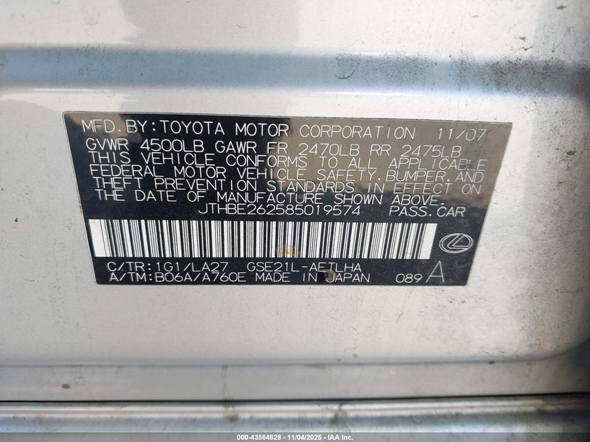 2008 Lexus Is VIN JTHBE262585019574 IAAI salvage auction — LEFT FRONT, Salvage (Texas), sold $650 on 2026-07-16 (photo 9)