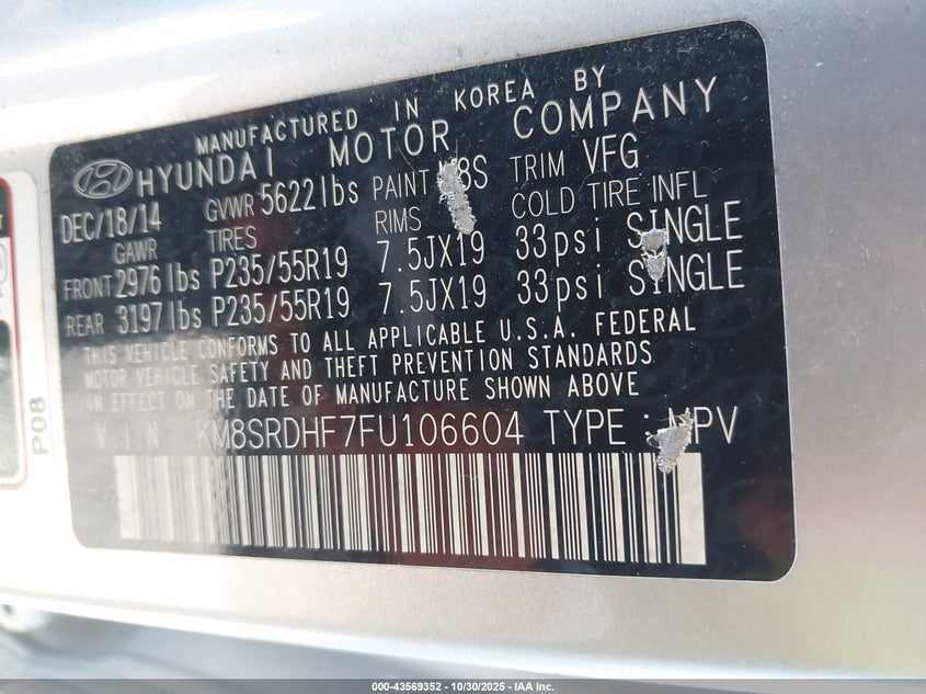 2015 Hyundai Santa fe VIN KM8SRDHF7FU106604 IAAI salvage auction — SIDE, Salvage (Missouri), sold $2,350 on 2026-07-25 (photo 8)