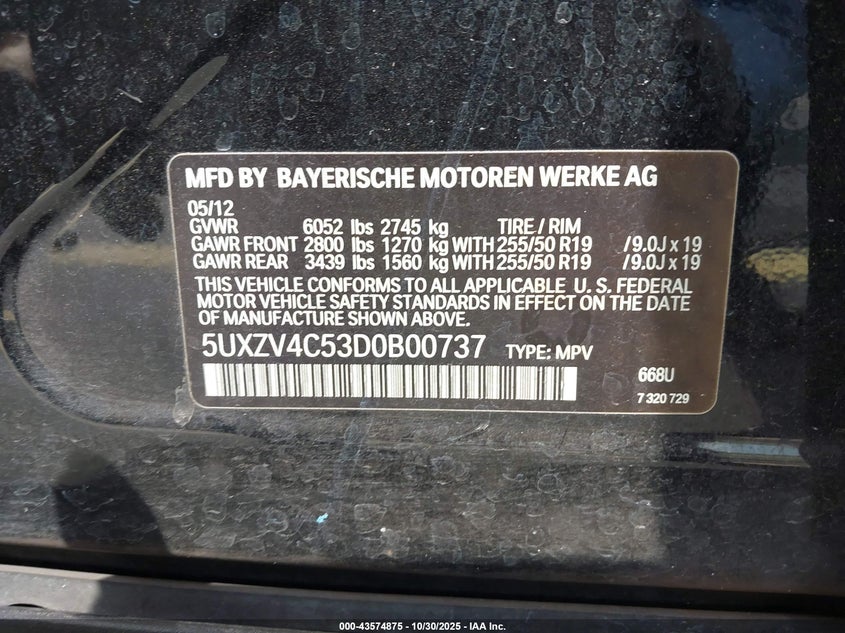 2013 BMW X5 VIN 5UXZV4C53D0B00737 IAAI salvage auction — LEFT & RIGHT, Rebuildable (Florida), sold $1,300 on 2026-07-30 (photo 9)