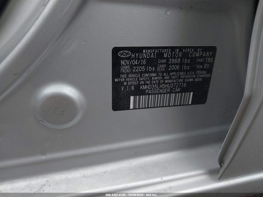 2017 Hyundai Elantra VIN KMHD35LH5HU372716 IAAI salvage auction — FRONT END, Clear (Oklahoma), sold $1,150 on 2026-07-21 (photo 9)