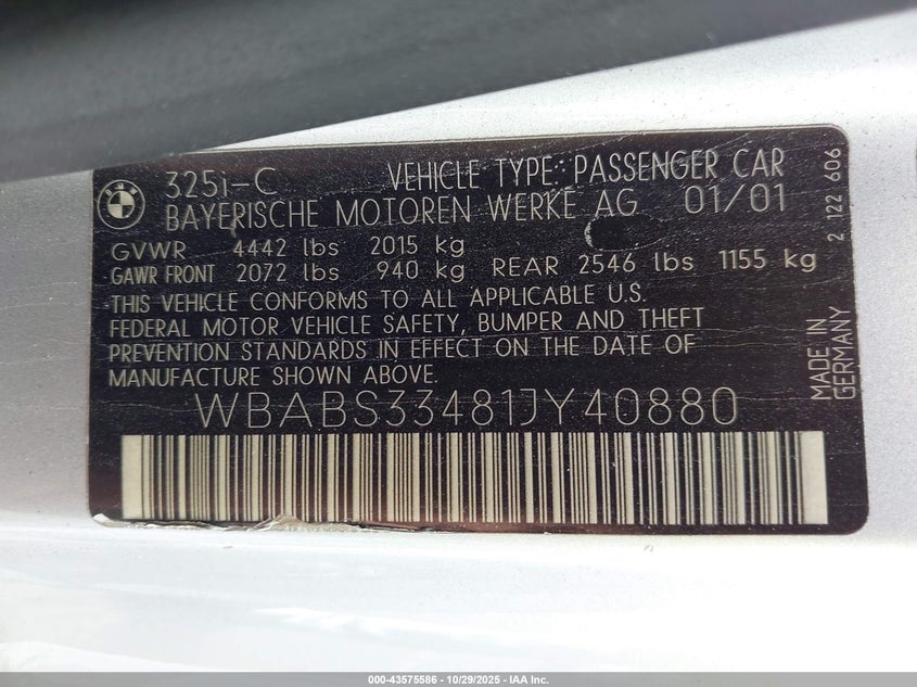 2001 BMW 3er VIN WBABS33481JY40880 IAAI salvage auction — LEFT SIDE, Rebuildable (Florida), sold $1,325 on 2026-08-03 (photo 9)