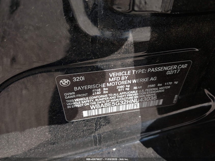 2017 BMW 3 series VIN WBA8E5G32HNU43036 IAAI salvage auction — LEFT FRONT, Salvage (Illinois), sold $775 on 2026-07-28 (photo 9)