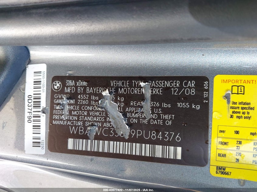 2009 BMW 3 series VIN WBAWC33529PU84376 IAAI salvage auction — UNDERCARRIAGE, Clear (California), sold $975 on 2026-07-08 (photo 9)