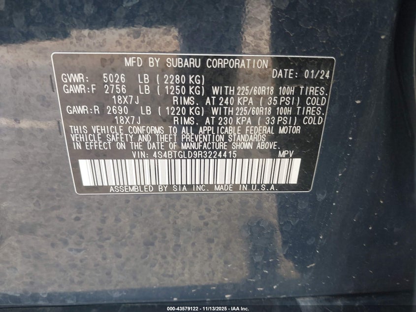 2024 Subaru Outback VIN 4S4BTGLD9R3224415 IAAI salvage auction — REAR END, Salvage Title, sold $7,200 on 2026-07-09 (photo 9)