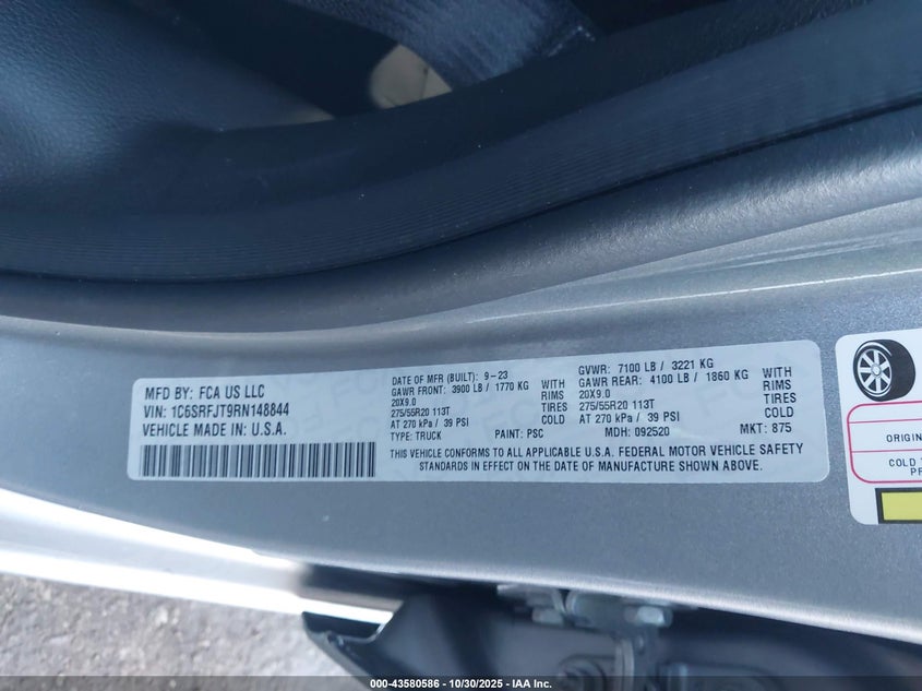 2024 Ram 1500 VIN 1C6SRFJT9RN148844 IAAI salvage auction — REAR END, Clear (Oklahoma), sold $21,100 on 2026-07-29 (photo 9)