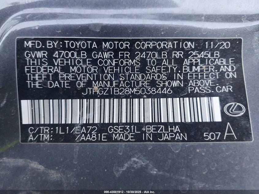 2021 Lexus Is 350 VIN JTHGZ1B28M5038446 IAAI salvage auction — ALL OVER, Salvage (California), sold $3,250 on 2026-07-29 (photo 9)