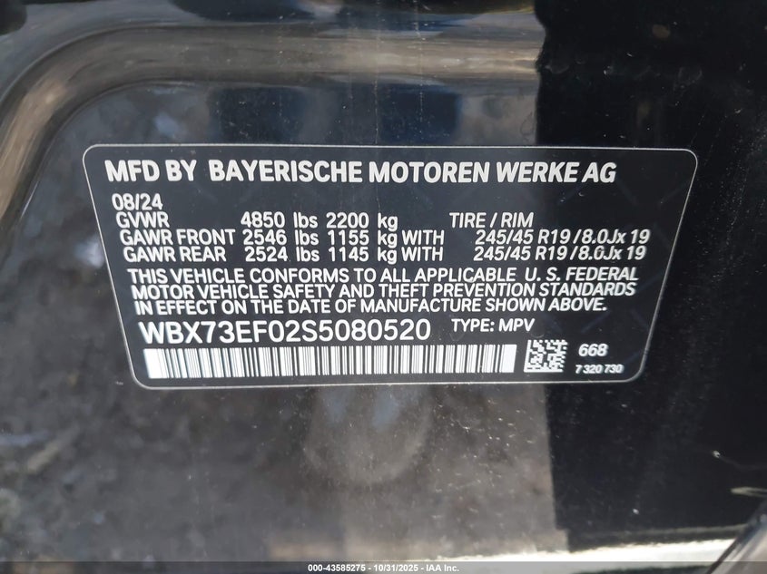 2025 BMW X1 VIN WBX73EF02S5080520 IAAI salvage auction — Front End, Original (Texas), sold $7,750 on 2026-02-03 (photo 9)