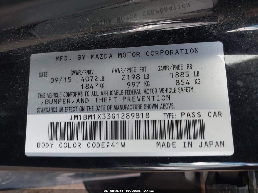2016 Mazda 3 VIN JM1BM1X33G1289818 IAAI salvage auction — RIGHT FRONT, Salvage (Indiana), sold $2,000 on 2026-07-29 (photo 9)