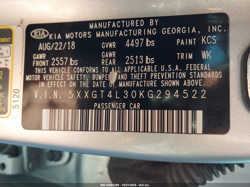 2019 Kia Optima VIN 5XXGT4L30KG294522 IAAI salvage auction — FRONT & REAR, Clear (Illinois), sold $1,150 on 2026-07-17 (photo 9)