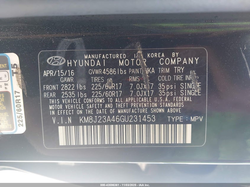 2016 Hyundai Tucson VIN KM8J23A46GU231453 IAAI salvage auction — THEFT, Other, sold $2,900 on 2026-07-15 (photo 9)