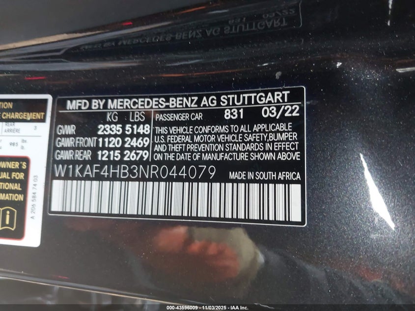 2022 Mercedes-benz C class VIN W1KAF4HB3NR044079 IAAI salvage auction — FRONT END, Other, sold $3,100 on 2026-07-28 (photo 9)