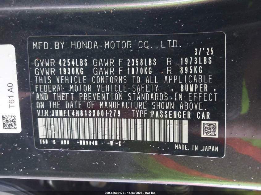 2025 Honda Civic VIN JHMFL4H81SX001279 IAAI salvage auction — Front End, Salvage (Oregon), sold $11,250 on 2026-01-29 (photo 9)