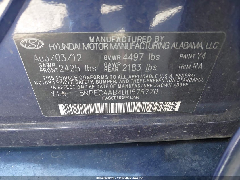 2013 Hyundai Sonata VIN 5NPEC4AB4DH576770 IAAI salvage auction — FRONT END, Other, sold $450 on 2026-07-13 (photo 9)