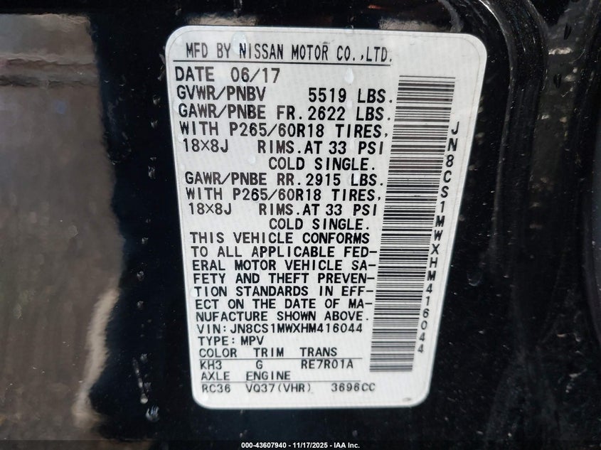 2017 Infiniti Qx70 VIN JN8CS1MWXHM416044 IAAI salvage auction — WATER/FLOOD, Salvage (Pennsylvania), sold $550 on 2026-07-14 (photo 9)