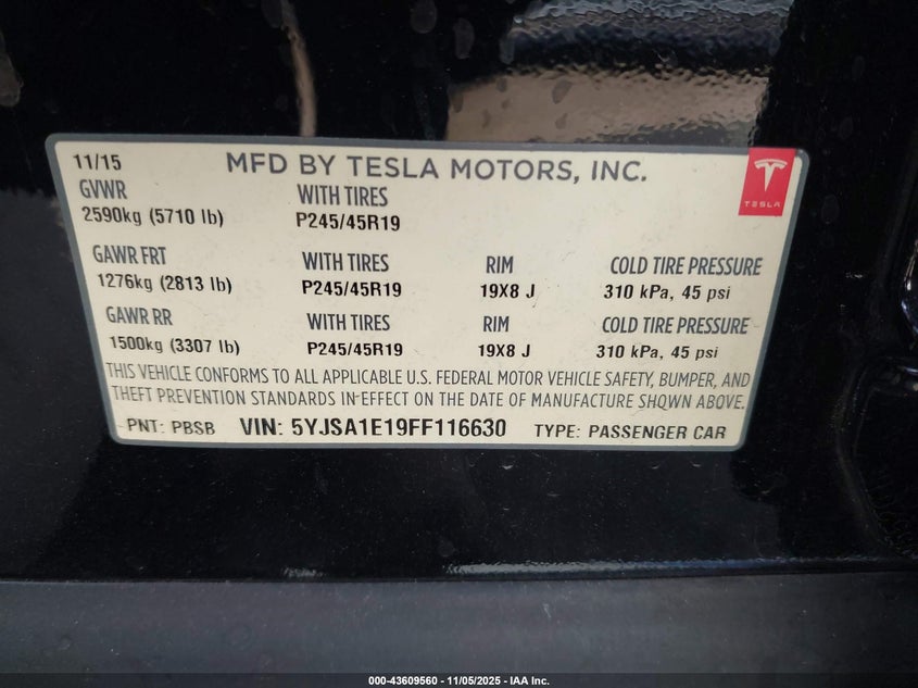 2015 Tesla Model s VIN 5YJSA1E19FF116630 IAAI salvage auction — RIGHT FRONT, Other, sold $1,000 on 2026-07-23 (photo 9)