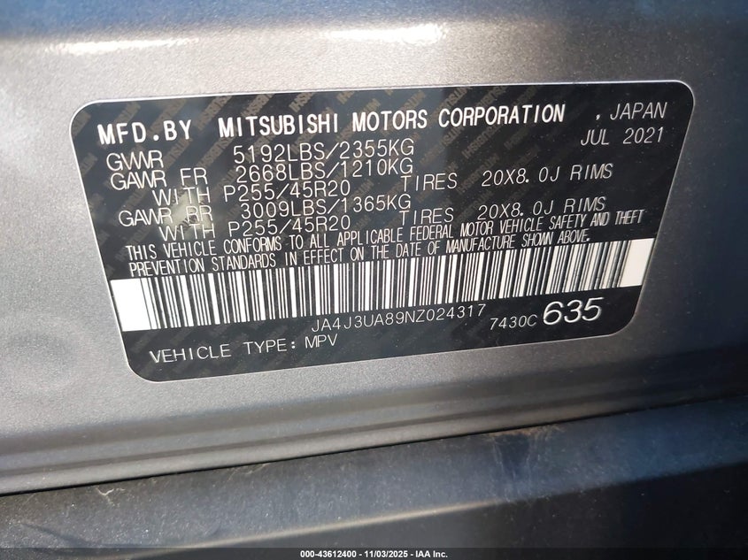 2022 Mitsubishi Outlander VIN JA4J3UA89NZ024317 IAAI salvage auction — FRONT END, Salvage (Indiana), sold $6,100 on 2026-07-10 (photo 9)