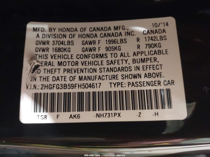 2015 Honda Civic VIN 2HGFG3B59FH504617 IAAI salvage auction — FRONT END, Regular (South Dakota), sold $1,450 on 2026-07-21 (photo 9)