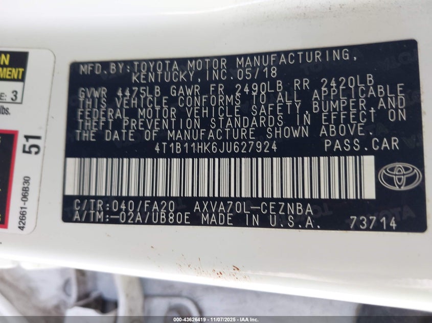 2018 Toyota Camry VIN 4T1B11HK6JU627924 IAAI salvage auction — FRONT & REAR, Other, sold $2,500 on 2026-07-21 (photo 9)