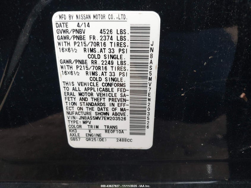 2014 Nissan Rogue VIN JN8AS5MV7EW203526 IAAI salvage auction — RIGHT SIDE, Other, sold $575 on 2026-07-08 (photo 9)