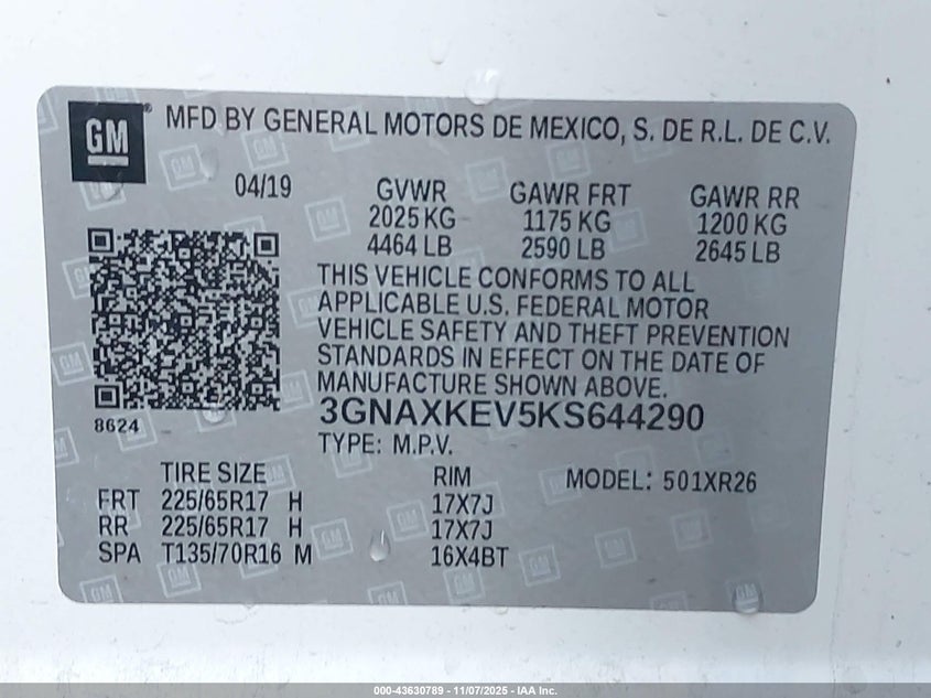 2019 Chevrolet Equinox VIN 3GNAXKEV5KS644290 IAAI salvage auction — SIDE, Salvage (Oregon), sold $2,800 on 2026-07-10 (photo 9)