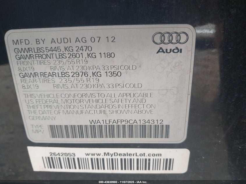 2012 Audi Q5 VIN WA1LFAFP9CA134312 IAAI salvage auction — FRONT END, Salvage (Mississippi), sold $225 on 2026-07-15 (photo 9)