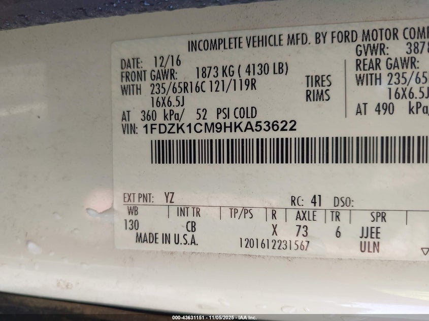 2017 Ford Transit 150 VIN 1FDZK1CM9HKA53622 IAAI salvage auction — LEFT REAR, Other, sold $7,600 on 2026-07-29 (photo 9)