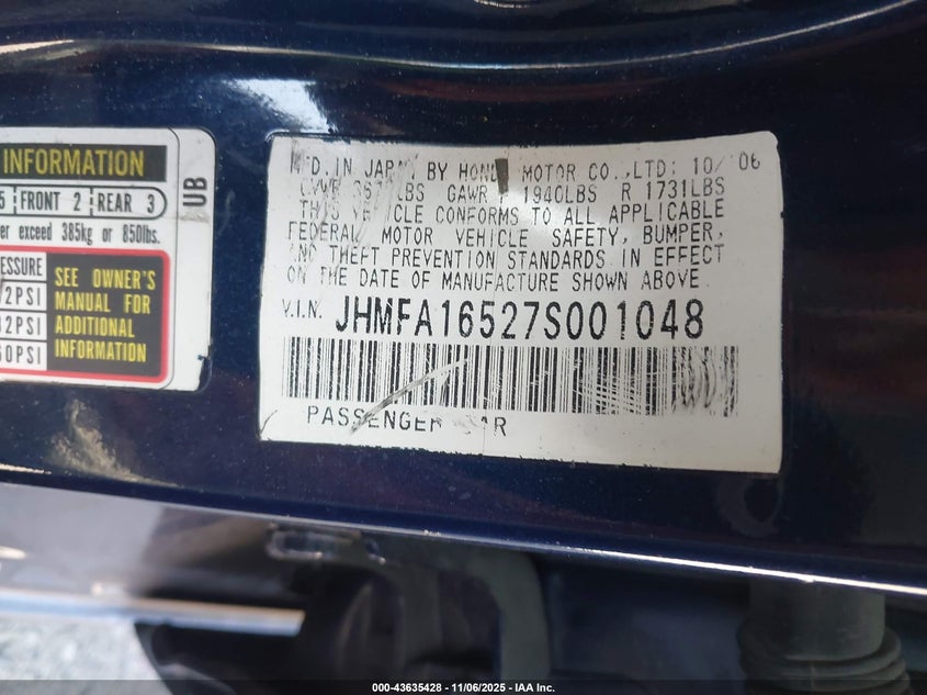 2007 Honda Civic VIN JHMFA16527S001048 IAAI salvage auction — SIDE, Salvage (California), sold $625 on 2026-07-21 (photo 9)