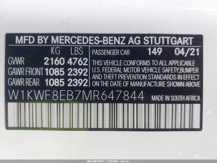 2021 Mercedes-benz C-klasse VIN W1KWF8EB7MR647844 IAAI salvage auction — FRONT END, Salvage Title, sold $8,000 on 2026-08-06 (photo 9)