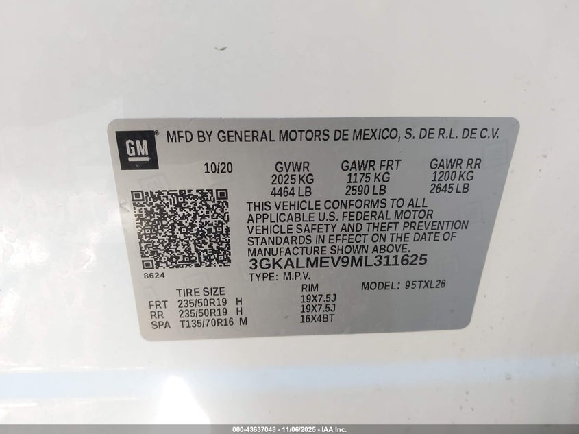 2021 Gmc Terrain VIN 3GKALMEV9ML311625 IAAI salvage auction — REAR END, Salvage (Indiana), sold $25 on 2026-07-10 (photo 9)