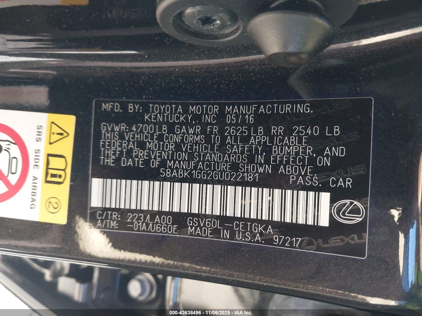 2016 Lexus Es 350 VIN 58ABK1GG2GU022181 IAAI salvage auction — FRONT END, Salvage (Georgia), sold $5,150 on 2026-08-25 (photo 9)