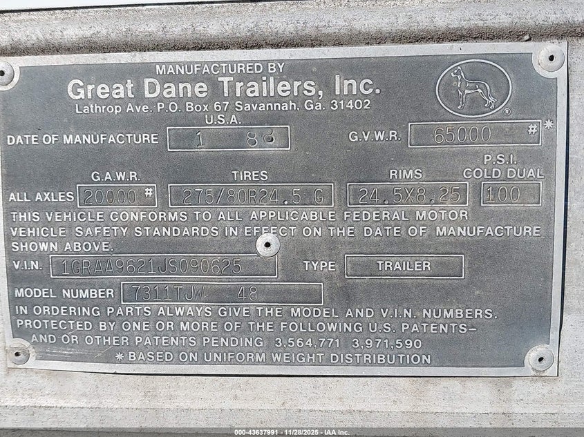 1988 Great Dane Trailers Great Dane Trailers VIN 1GRAA9621JS090625 IAAI salvage auction — SIDE, Clear (Indiana), sold $400 on 2026-08-28 (photo 9)