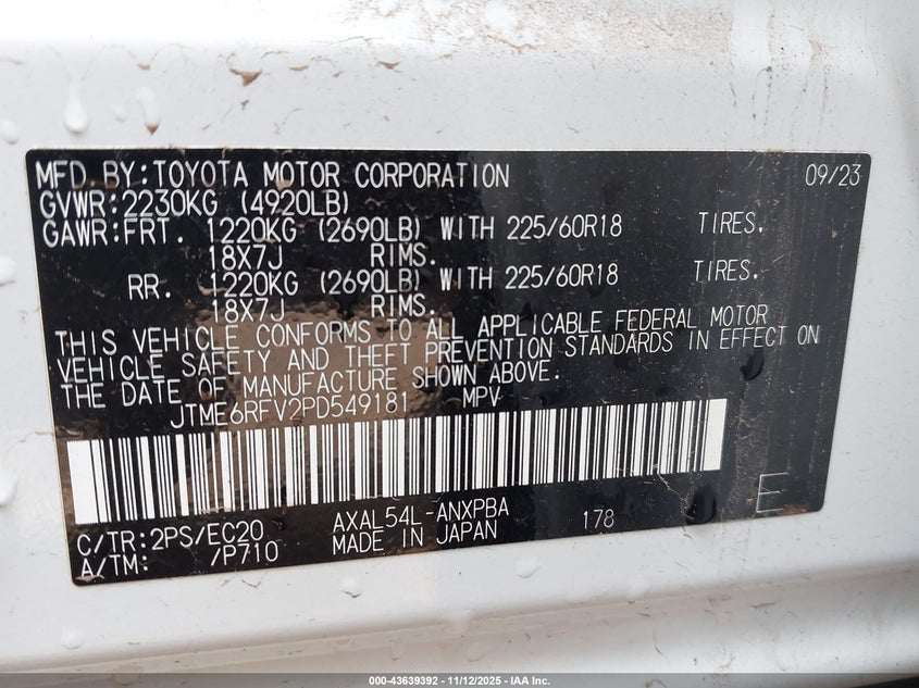 2023 Toyota Rav4 hybrid VIN JTME6RFV2PD549181 IAAI salvage auction — LEFT FRONT, Salvage (Arizona), sold $6,500 on 2026-07-28 (photo 9)
