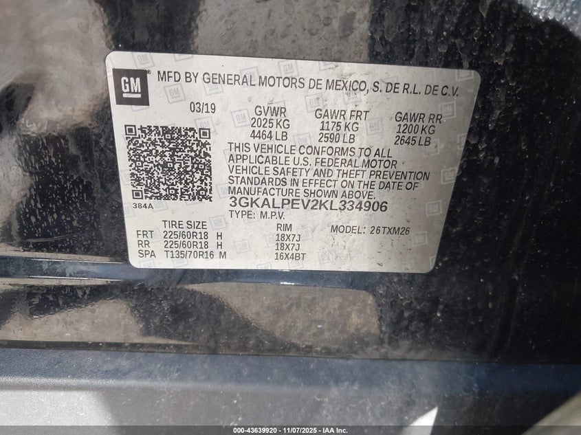 2019 Gmc Terrain VIN 3GKALPEV2KL334906 IAAI salvage auction — FRONT END, Other, sold $4,300 on 2026-07-21 (photo 9)