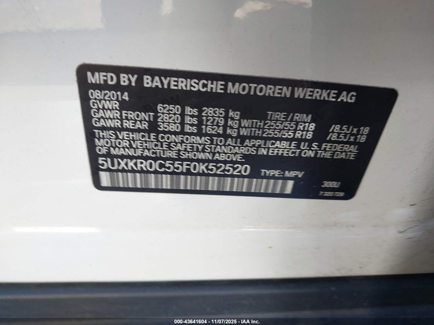 2015 BMW X5 VIN 5UXKR0C55F0K52520 IAAI salvage auction — FRONT & REAR, Salvage (Idaho), sold $225 on 2026-07-29 (photo 9)