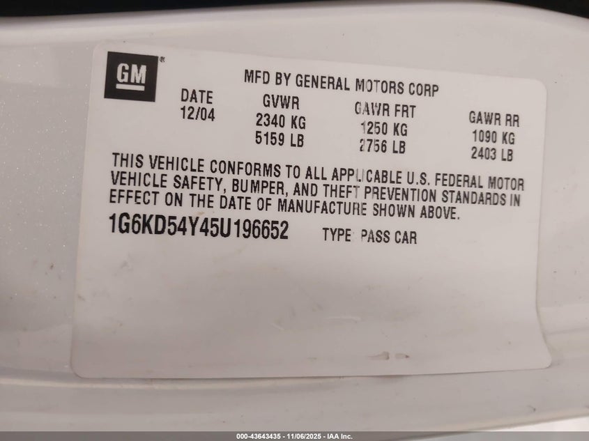 2005 Cadillac Deville VIN 1G6KD54Y45U196652 IAAI salvage auction — RIGHT FRONT, Bill Of Sale (Colorado), sold $275 on 2026-07-22 (photo 9)