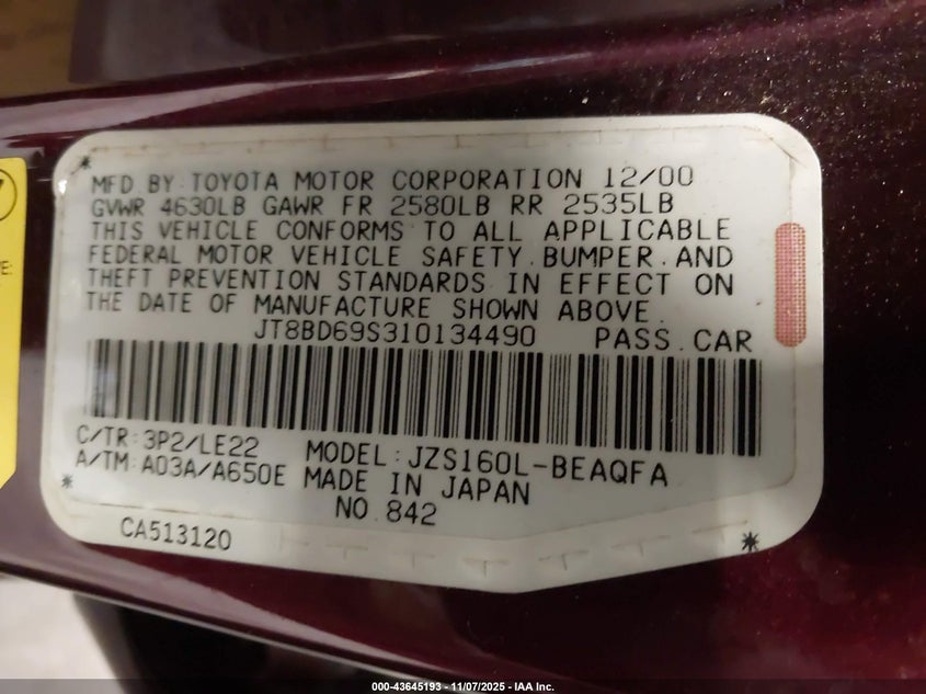 2001 Lexus Gs 300 VIN JT8BD69S310134490 IAAI salvage auction — NORMAL WEAR, Bill Of Sale (Kentucky), sold $325 on 2026-07-13 (photo 9)