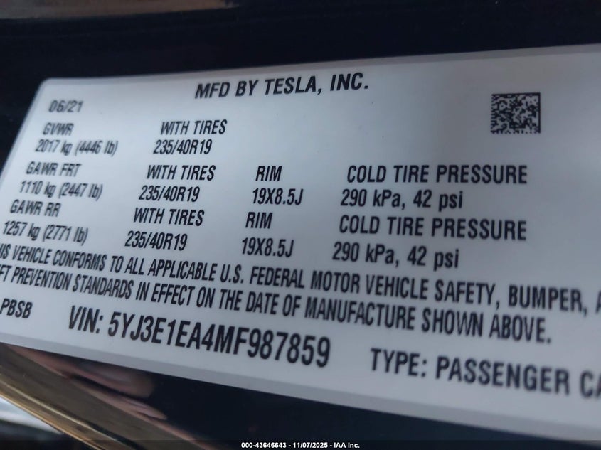 2021 Tesla Model 3 VIN 5YJ3E1EA4MF987859 IAAI salvage auction — LEFT FRONT, Other, sold $14,800 on 2026-07-14 (photo 9)