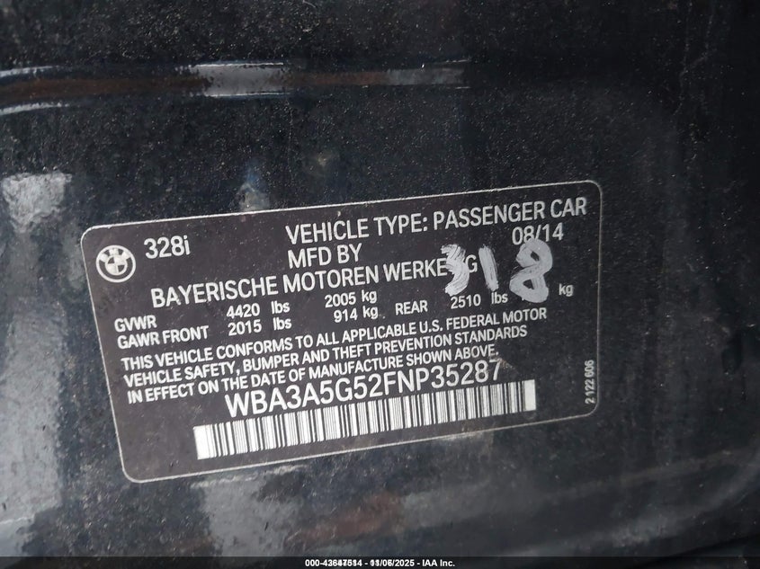 2015 BMW 3er VIN WBA3A5G52FNP35287 IAAI salvage auction — RIGHT FRONT, Salvage (North Carolina), sold $650 on 2026-08-05 (photo 9)