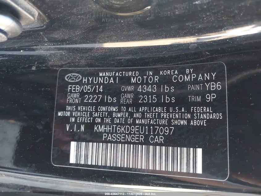 2014 Hyundai Genesis VIN KMHHT6KD9EU117097 IAAI salvage auction — RIGHT SIDE, Clear Salvage History (California), sold $1,100 on 2026-07-21 (photo 9)