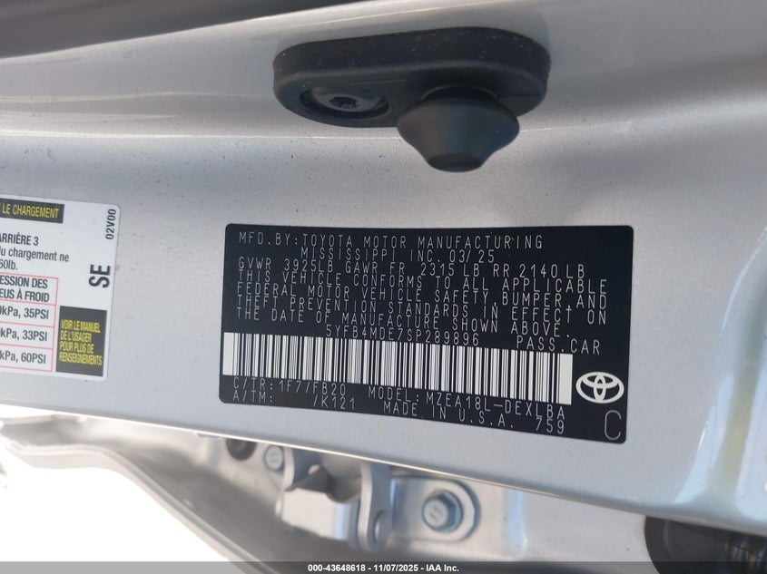2025 Toyota Corolla VIN 5YFB4MDE7SP289896 IAAI salvage auction — ALL OVER, Certificate Of Destruction (Florida), sold $25 on 2026-07-23 (photo 9)