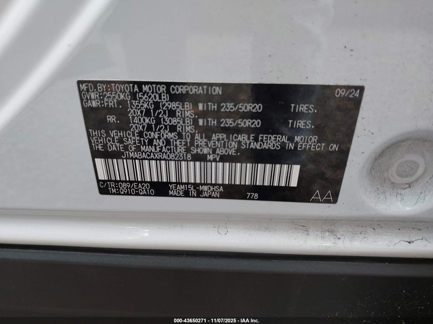 2024 Toyota Bz4x VIN JTMABACAXRA082318 IAAI salvage auction — THEFT, Salvage (New Jersey), sold $12,050 on 2026-07-09 (photo 9)