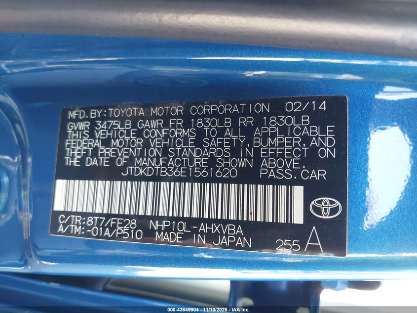 2014 Toyota Prius c VIN JTDKDTB36E1561620 IAAI salvage auction — ROLLOVER, Salvage (California), sold $25 on 2026-07-14 (photo 9)