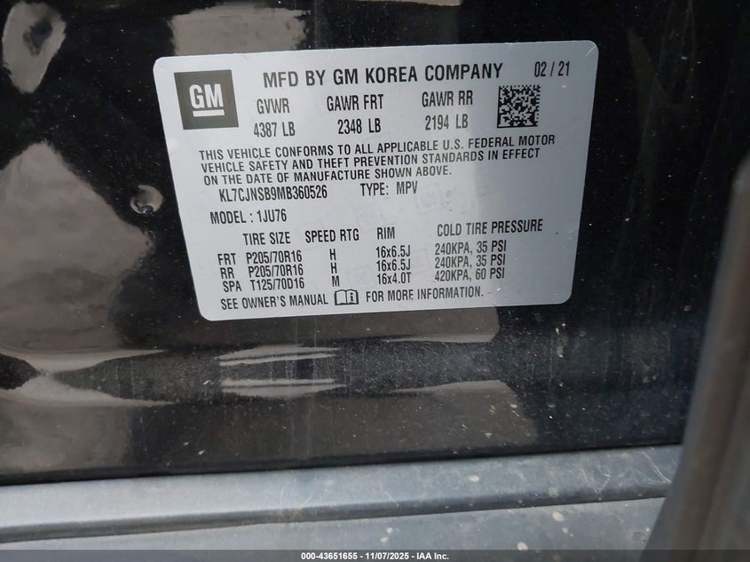 2021 Chevrolet Trax VIN KL7CJNSB9MB360526 IAAI salvage auction — LEFT SIDE, Salvage (Minnesota), sold $1,300 on 2026-07-22 (photo 9)
