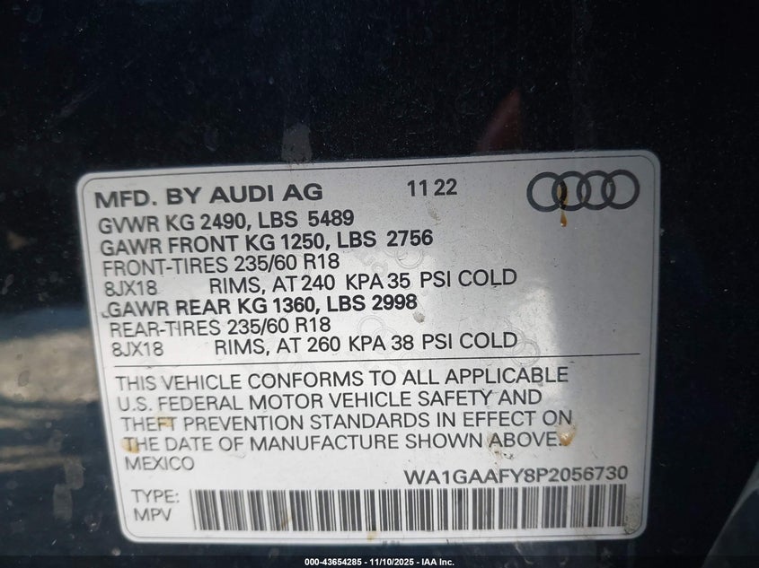 2023 Audi Q5 VIN WA1GAAFY8P2056730 IAAI salvage auction — ENGINE BURN, Other, sold $150 on 2026-07-07 (photo 9)