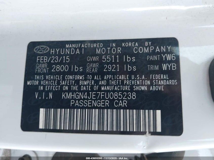 2015 Hyundai Genesis VIN KMHGN4JE7FU085238 IAAI salvage auction — FRONT END, Clear (Oklahoma), sold $1,050 on 2026-07-29 (photo 9)